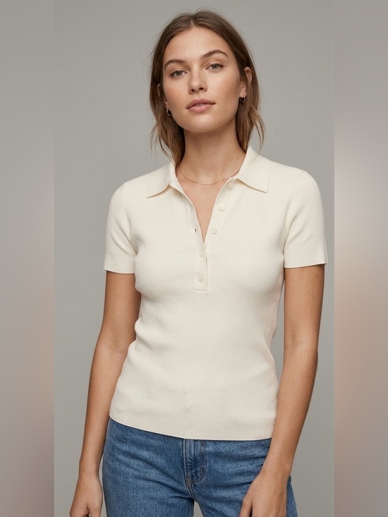 Wilfred Tops - Aritzia Wilfred Ribbed Knit Short Sleeve Polo Top - Off White / Cream